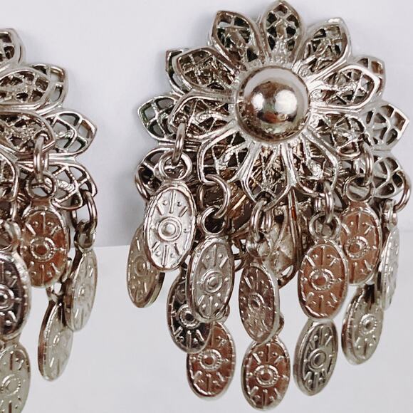 Vintage Mid Century Silver Tone Filigree Dangle Charm Tassel Clip On Earrings - Picture 4 of 12